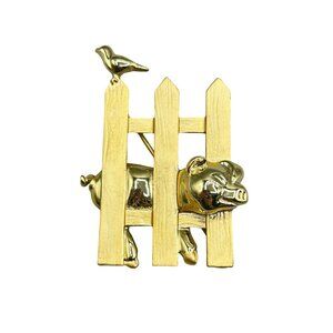 Vintage Matte Shiny Gold Tone AJC Pin Brooch Pig Stuck in Fence Bird On Picket